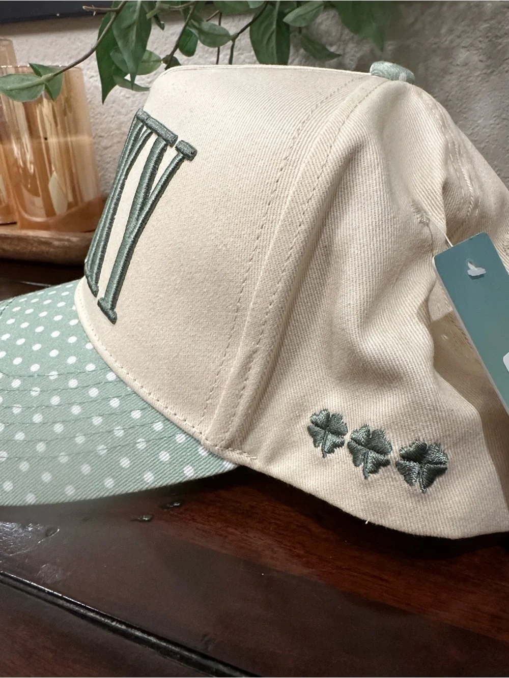 “Lucky” Polka Dot Cap in Sage Green & Cream